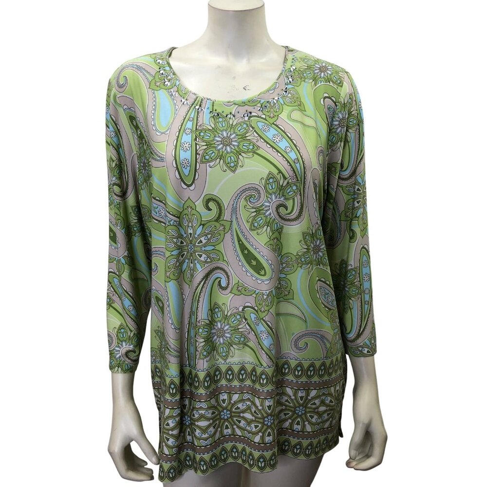 Allison Dalley Beaded Scoop Neck Green Paisley Print 3/4 Sleeve Tunic Top LG NWT